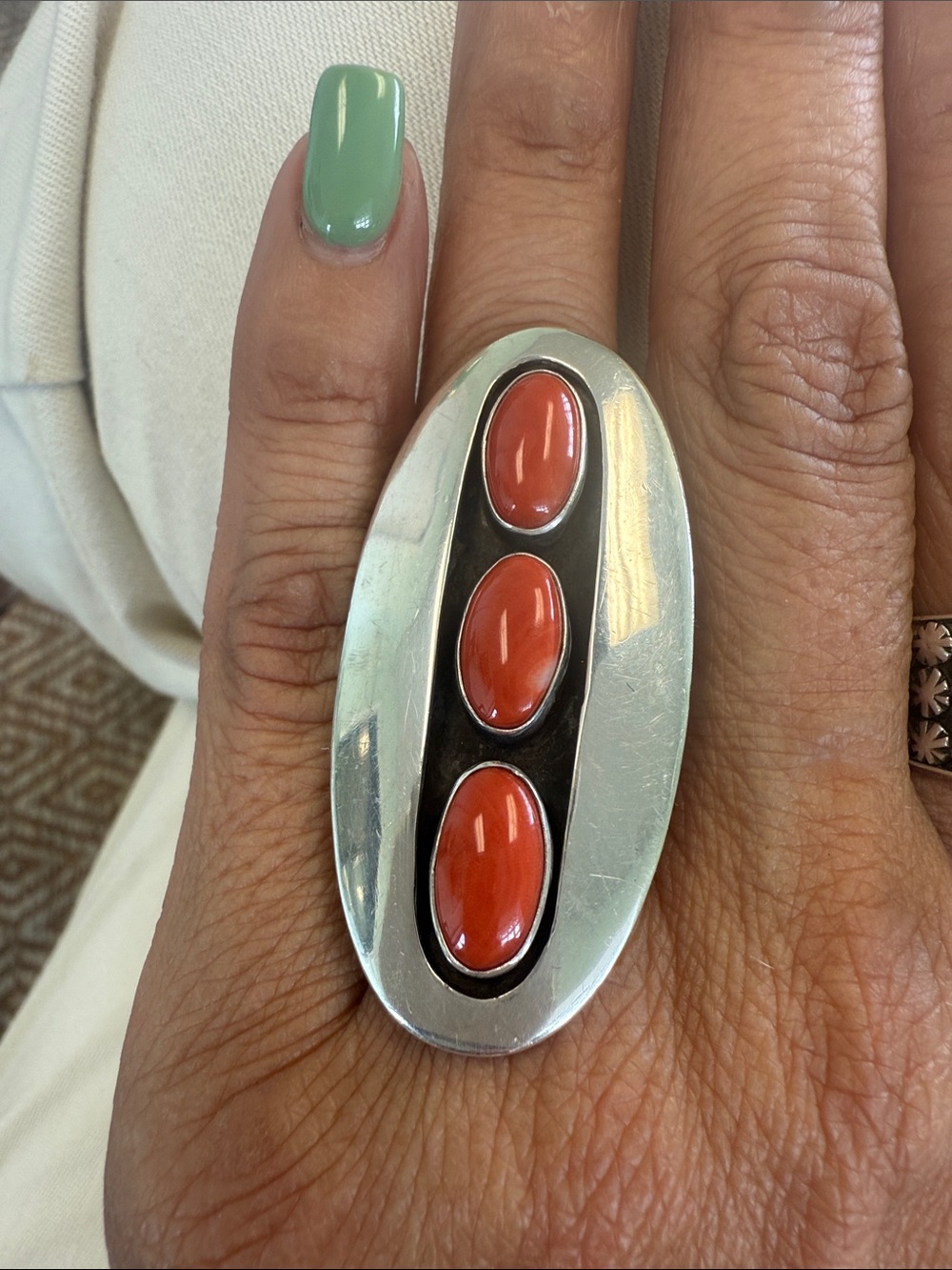 Modern Three-Stone Coral Cabochon Sterling Ring - coral